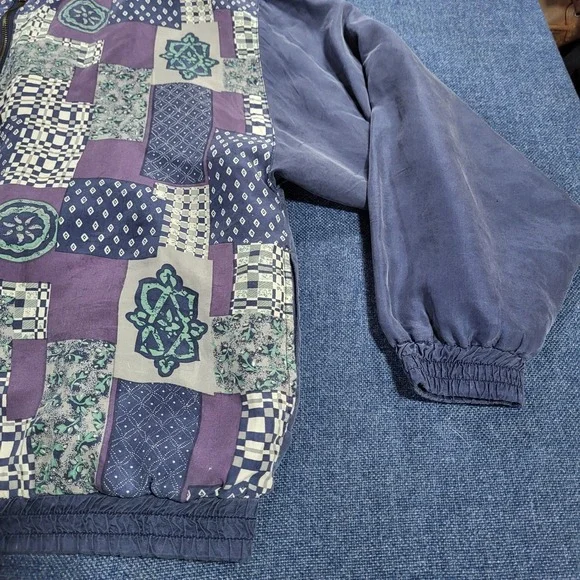 ONE RESOURCE Vintage Silk Patchwork Bomber Jacket Purple Blue Print Zip Up L - Picture 2 of 10